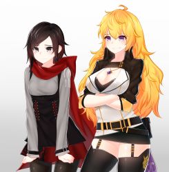 Rule 34 | 2girls, ahoge, bad id, bad pixiv id, belt, belt pouch, black gloves, black hair, black legwear, blonde hair, blush, breast hold, breasts, buckle, cleavage, cleavage cutout, clenched hands, cloak, closed mouth, clothing cutout, cowboy shot, cross-laced clothes, crossed arms, fingerless gloves, garter straps, gloves, gradient background, gradient hair, grey eyes, hair between eyes, highres, hood, hooded cloak, jewelry, large breasts, long hair, long sleeves, multicolored hair, multiple belts, multiple girls, narynn, pantyhose, pendant, pouch, purple eyes, red hair, ruby rose, rwby, shiny clothes, shiny skin, short hair, siblings, sisters, small breasts, swept bangs, tearing up, tears, thighhighs, underbust, wavy hair, yang xiao long