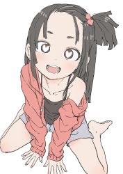Rule 34 | 1girl, :d, absurdres, barefoot, black camisole, blush, brown eyes, camisole, commentary request, flat color, forehead, grey hair, grey shorts, hair ornament, heart, heart-shaped pupils, highres, jacket, long hair, looking at viewer, off shoulder, open clothes, open jacket, open mouth, original, red jacket, round teeth, short shorts, shorts, simple background, single bare shoulder, sitting, smile, solo, symbol-shaped pupils, teeth, topknot, white background, yamamoto souichirou