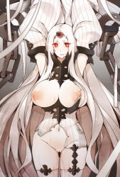 Rule 34 | 10s, 1girl, abyssal ship, arms up, bad id, bad pixiv id, blood, breasts, cleft of venus, colored skin, detached sleeves, dress, garter straps, hair in own mouth, highres, horns, hsuliherng, huge breasts, inverted nipples, kantai collection, long hair, nipples, pussy, red eyes, ribbed dress, ribbed legwear, seaport water oni, short dress, single horn, solo, thighhighs, torn clothes, uncensored, white hair, white skin, white thighhighs