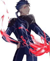 Rule 34 | 1boy, blue hair, bodysuit, cu chulainn (fate), fate/stay night, fate (series), fire, from behind, kuriiro benishi, cu chulainn (fate/stay night), male focus, ponytail, red eyes, solo
