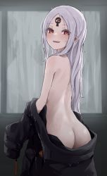 Rule 34 | 1girl, abigail williams (fate), abigail williams (third ascension) (fate), ass, back, bottomless, breasts, colored skin, fate/grand order, fate (series), forehead, jacket, keyhole, kopaka (karda nui), long hair, looking back, naked jacket, no panties, off shoulder, open mouth, parted bangs, red eyes, sharp teeth, small breasts, smile, solo, teeth, third eye, topless, wet, white hair, white skin