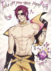 Rule 34 | 2boys, abs, blush, clenched teeth, commentary, demon, earrings, eyepatch, green eyes, grin, heart, heartsteel kayn, heartsteel rhaast, highres, hood, hoodie, jewelry, kayn (league of legends), league of legends, looking at viewer, male focus, multiple boys, muscular, muscular male, navel, nipples, official alternate costume, official alternate hairstyle, open mouth, purple hair, rhaast, ring, smile, sparkle, standing, stomach, sweatdrop, symbol-only commentary, teeth, tongue, tongue out, topless male, yellow hoodie, zyrophin
