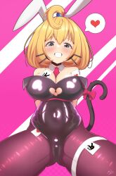 Rule 34 | 1girl, :d, ace (playing card), ace of hearts, ahoge, bare shoulders, blonde hair, blush, bow, breasts, card, cat tail, cleavage, cleavage cutout, clothing cutout, green eyes, hair between eyes, hair ornament, hairclip, heart, highleg, highleg leotard, highres, joker (playing card), large breasts, leg strap, leotard, looking at viewer, millie parfait, mizmillificent, nijisanji, nijisanji en, open mouth, playboy bunny, playing card, rabbit ears, rabbit hole (vocaloid), ribbon, signature, smile, solo, solo focus, tail, teeth, thick thighs, thighs, tie clip, two-tone background, virtual youtuber