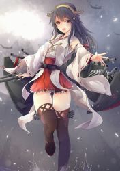 Rule 34 | 10s, 1girl, :d, aircraft, airplane, black hair, brown eyes, hairband, haruna (kancolle), headgear, highres, japanese clothes, jenson tw, kantai collection, long hair, md5 mismatch, nontraditional miko, open mouth, ribbon-trimmed sleeves, ribbon trim, skirt, smile, solo, thigh gap, turret