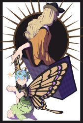 Rule 34 | antennae, aqua hair, black border, black hat, blonde hair, border, butterfly wings, dress, eternity larva, facing away, full body, hat, highres, insect wings, kneeling, leaf, leaf on head, long hair, looking at viewer, matara okina, mefomefo, nail polish, parted lips, short hair, smile, touhou, white background, wide sleeves, wings, yellow eyes, yellow nails