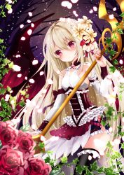 Rule 34 | 1girl, blonde hair, blurry, blush, closed mouth, corset, cowboy shot, depth of field, detached sleeves, flower, frills, hair between eyes, holding, leaf, long hair, nanase nao, original, outdoors, petals, pink eyes, plant, red flower, red rose, rose, solo, standing, tareme, thighhighs, thighs, tree, very long hair, vines, white thighhighs