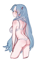 Rule 34 | 1girl, angela (project moon), blue hair, bra, breasts, commentary request, cropped legs, highres, large breasts, lingerie, lobotomy corporation, long hair, moth ram, panties, project moon, shoulder blush, side ponytail, simple background, sketch, solo, underwear, underwear only, white background, white bra, white panties, yellow eyes