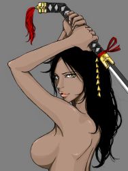 Rule 34 | 1girl, black hair, bleach, breasts, completely nude, dark-skinned female, dark skin, female focus, grey background, large breasts, lips, long hair, looking at viewer, nude, otonage, shihouin yoruichi, simple background, solo, sword, weapon, yellow eyes