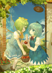 Rule 34 | 2girls, absurdres, apple, basket, blue bow, blue dress, blue hair, blue sky, bow, circled 9, cirno, daiyousei, day, dress, ekaapetto, eye contact, fairy wings, flower, food, fruit, grass, green eyes, green hair, hair bow, highres, holding, holding food, holding fruit, ice, ice wings, looking at another, multiple girls, open mouth, outdoors, pinafore dress, profile, puffy short sleeves, puffy sleeves, shirt, shoes, short hair, short sleeves, sky, sleeveless dress, standing, sunflower, touhou, white shirt, wings
