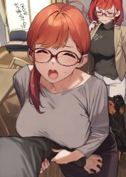 Rule 34 | 1boy, 2girls, 92m, animal, breasts, closed eyes, dog, glasses, highres, kinshi no ane (92m), large breasts, mature female, mother and daughter, mother and son, multiple girls, original, red hair, translated