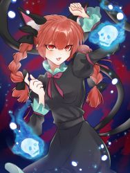Rule 34 | 1girl, animal ear fluff, animal ears, black bow, black dress, bow, braid, cat ears, cat tail, dress, extra ears, ghost, green dress, highres, hitodama, kaenbyou rin, long sleeves, multiple tails, open mouth, puffy sleeves, purple background, red background, red bow, red eyes, red hair, simple background, skull, smile, solo, sparks, tail, touhou, twin braids, two tails, yuma880