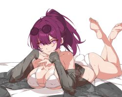Rule 34 | 1girl, ass, bare legs, bare shoulders, barefoot, bra, commentary, feet, highres, honkai: star rail, honkai (series), kafka (honkai: star rail), kili kilio, long hair, long sleeves, looking at viewer, lying, off shoulder, on stomach, panties, ponytail, purple eyes, purple hair, see-through, smile, soles, solo, thighs, toes, underwear, white background, white bra, white panties