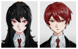Rule 34 | 1boy, 1girl, black hair, black jacket, carol0905, closed mouth, collared shirt, grey background, highres, jacket, library of ruina, long hair, looking at viewer, lowell (project moon), necktie, portrait, project moon, red eyes, red hair, red necktie, shirt, sidelocks, simple background, straight-on, very long hair, white shirt, xiao (project moon)