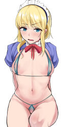 Rule 34 | 1girl, 5moreyears, absurdres, areola slip, arms behind back, bikini, blonde hair, blue eyes, blush, bow, bowtie, breasts, chevalier d&#039;eon (fate), commentary request, commission, covered erect nipples, fate/grand order, fate (series), highres, long hair, looking at viewer, maid, maid headdress, micro bikini, navel, open mouth, pixiv commission, red bow, red bowtie, shrug (clothing), simple background, sitting, small breasts, solo, stomach, swimsuit, white background