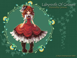 Rule 34 | 1girl, ascot, boots, brown eyes, brown hair, character name, copyright name, dress, frills, hat, henrietta grimm, long hair, official art, official wallpaper, puffy sleeves, smile, solo, wallpaper, zettai meikyuu grimm