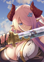 Rule 34 | 1boy, 1girl, black gloves, blue eyes, braid, breasts, brown hair, cleavage, cloud, cloudy sky, colored eyelashes, draph, fingerless gloves, gloves, gran (granblue fantasy), granblue fantasy, granblue fantasy versus, hair ornament, hair over one eye, horns, katana, large breasts, long hair, looking at another, looking to the side, magic, narmaya (granblue fantasy), open mouth, pink hair, pointy ears, reflection, short hair, shouma (bravespiritya), sidelocks, sky, smile, solo focus, sword, very long hair, weapon