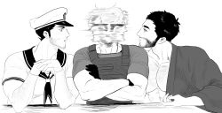 Rule 34 | 3boys, afterimage, bara, beard stubble, blush, boy sandwich, chris redfield, clone, confused, crossed arms, eriurias73, facial hair, hat, highres, large pectorals, leon s. kennedy, looking at another, male focus, mature male, meme, motion blur, multiple boys, parody, pectoral cleavage, pectorals, sailor, sailor hat, sandwiched, short hair, stubble, the weaker sex 1 (gibson), thick eyebrows, upper body, yaoi