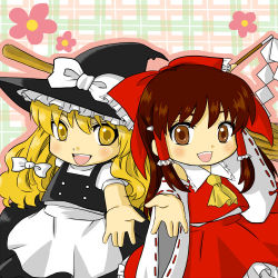Rule 34 | 2girls, apron, ascot, bare shoulders, blonde hair, bow, braid, broom, brown eyes, brown hair, buttons, chibi, detached sleeves, female focus, flower, frills, gohei, hair bow, hair tubes, hakurei reimu, hat, hat bow, japanese clothes, kirisame marisa, long hair, looking at viewer, miko, multiple girls, open \m/, open hand, open mouth, outline, outstretched arm, shirt, short sleeves, single braid, skirt, smile, striped, striped background, tarutaru0708, tarutaru (tarutaru0708), teeth, tongue, touhou, vest, wide sleeves, witch, witch hat, yellow eyes