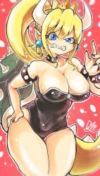 Rule 34 | 1girl, armlet, bare shoulders, black leotard, black nails, blonde hair, blue eyes, border, bowsette, breasts, cleavage, collar, covered navel, cowboy shot, crown, dice coffeedox, earrings, fingernails, hand up, highres, horns, jewelry, large breasts, leotard, long hair, looking at viewer, mario (series), nail polish, new super mario bros. u deluxe, nintendo, no nose, parted lips, pointy ears, ponytail, sharp fingernails, solo, spiked armlet, spiked collar, spiked shell, spiked tail, spikes, strapless, strapless leotard, tail, turtle shell, white border