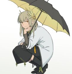 Rule 34 | 1girl, arknights, black footwear, black skirt, brown shirt, closed mouth, coat, full body, green hair, head rest, highres, holding, holding umbrella, lab coat, laurel crown, long hair, long sleeves, looking at viewer, mewelvewelsel, mole, mole under eye, muelsyse (arknights), pointy ears, shirt, sidelocks, simple background, skirt, solo, squatting, umbrella, white background, white coat, yellow eyes