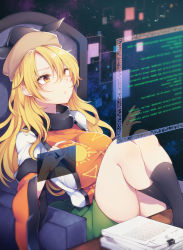 Rule 34 | 1girl, black hat, black socks, blonde hair, chair, closed mouth, commentary, constellation print, desk, green skirt, hat, highres, holographic interface, legs up, long hair, long sleeves, matara okina, miniskirt, paper, sitting, skirt, socks, solo, tabard, tama (soon32281), touhou, wide sleeves, yellow eyes