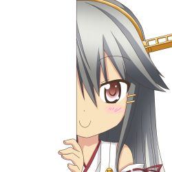 Rule 34 | 10s, 1girl, black hair, c:, detached sleeves, hair ornament, hairband, hairclip, haruna (kancolle), kantai collection, long hair, looking at viewer, nagineko, nontraditional miko, peeking out, red eyes, smile, solo, transparent background