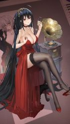 Rule 34 | 1girl, alcohol, azur lane, bare shoulders, black cat, black hair, black thighhighs, breasts, cat, champagne, champagne flute, cleavage, cocktail dress, crossed legs, cup, dress, drinking glass, fate (series), garter straps, hair ornament, high heels, highres, jeanne d&#039;arc (fate), jeanne d&#039;arc alter (fate), jeanne d&#039;arc alter (ver. shinjuku 1999) (fate), lace, lace-trimmed legwear, lace trim, large breasts, legs, long hair, marisasu (marisa0904), official alternate costume, phonograph, presenting, red dress, red eyes, shoes, side ponytail, sitting, smile, stool, taihou (azur lane), taihou (forbidden feast) (azur lane), thighhighs, thighs, tsurime, very long hair