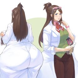 Rule 34 | 1girl, absurdres, ace attorney, ass, bag, bambooale, blue eyes, blush, breasts, brown hair, button shirt, capcom, coat, ema skye, fat, food, glasses, handkerchief, highres, huge ass, large breasts, long hair, obese, pants, ponytail, shirt, snack, watch