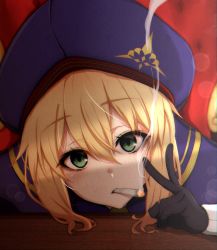 Rule 34 | 1girl, absurdres, artoria caster (fate), artoria caster (second ascension) (fate), artoria pendragon (fate), bent over, blonde hair, blue cape, blue capelet, blue hat, cape, capelet, chair, commentary, english commentary, fate/grand order, fate (series), gloves, green eyes, hat, highres, long sleeves, looking at viewer, marijuana, multicolored cape, multicolored clothes, naoillus, portrait, smoke trail, smoking, solo, table, v