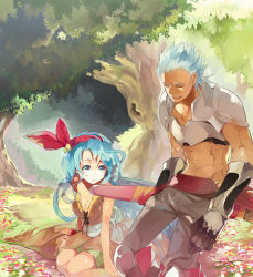 Rule 34 | 1boy, 1girl, abs, armor, bad id, bad pixiv id, bare shoulders, blue eyes, blue hair, blush, breasts, cleavage, dress, closed eyes, forest, hair ribbon, hyakuhachi (over3), long hair, nature, noel (romancing saga 2), noel (saga), ribbon, rocbouquet, rocbouquet (saga), romancing saga, romancing saga 2, saga, short hair, silver hair, sitting, small breasts, wariza