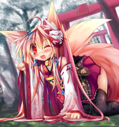 Rule 34 | 1girl, all fours, animal ears, bell, blush, colored eyelashes, detached sleeves, fox ears, fox tail, highres, jingle bell, long hair, looking at viewer, mask, one eye closed, open mouth, original, outdoors, paw pose, red eyes, ribbon, skirt, smile, solo, tail, thighhighs, tinkvov, torii, wink