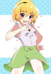 1girl :d absurdres bare_arms bare_shoulders black_hairband blonde_hair blue_background body_blush bow breasts brooch commentary_request cowboy_shot fang frilled_shirt frills green_bow green_skirt hairband hand_on_own_hip hand_up heart highres higurashi_no_naku_koro_ni houjou_satoko jewelry looking_at_viewer mashimaro_tabetai ojou-sama_pose open_mouth polka_dot polka_dot_background purple_eyes shirt shirt_tucked_in short_hair skin_fang skirt sleeveless sleeveless_shirt small_breasts smile solo standing two-tone_background white_background white_shirt