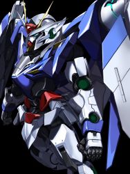 Rule 34 | 00 gundam, 00 raiser, bad id, bad pixiv id, black background, blue eyes, clenched hands, gn drive, gundam, gundam 00, highres, looking ahead, mecha, mobile suit, no humans, orrdriver, robot, science fiction, solo, v-fin