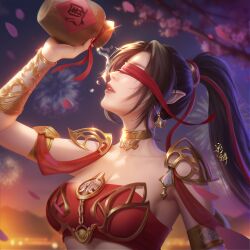 Rule 34 | 1girl, artist request, black hair, cai lin (doupo cangqiong), cherry blossoms, doupo cangqiong, earrings, fireworks, from side, glint, hair tie, highres, holding jug, jewelry, long hair, night, parted lips, pointy ears, ponytail, red blindfold, red tube top, second-party source, solo, strapless, teeth, tube top, upper body, water