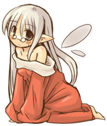 Rule 34 | 1girl, 7010, arm support, bare shoulders, barefoot, blush, breasts, feet, female focus, glasses, long hair, looking at viewer, lowres, pointy ears, silver hair, simple background, sitting, solo, white background, wings
