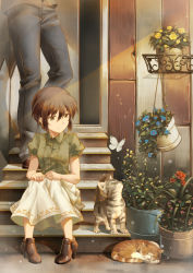 Rule 34 | 00s, 1boy, 1girl, animal, black footwear, blue flower, brown hair, bug, butterfly, cat, cheese kang, closed mouth, door, dress shirt, eyebrows, fence, flower, frilled sleeves, frills, green eyes, green shirt, hair between eyes, hands on own knees, high heels, highres, insect, lens flare, mikamo chizuko, morning glory, nijuu-mensou no musume, out of frame, outdoors, pants, plant, potted plant, puffy short sleeves, puffy sleeves, red flower, red rose, rose, shade, shirt, shoes, short hair, short sleeves, sidelocks, sitting, sitting on stairs, skirt, sleeping, smile, stairs, standing, white skirt, wooden wall, yellow flower, yellow rose
