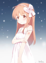 Rule 34 | 1girl, :o, absurdres, bare arms, bare shoulders, blush, bow, breasts, brown eyes, brown hair, collarbone, commentary request, dress, frilled dress, frills, hair bow, hairband, highres, kanon, leilin, long hair, looking away, parted lips, signature, small breasts, solo, strap slip, tsukimiya ayu, very long hair, white bow, white dress, white hairband