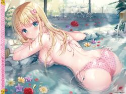 Rule 34 | 1girl, artist name, ass, bare arms, bare shoulders, bikini, blonde hair, blush, bow, breasts, butt crack, flower, green eyes, hair ornament, halterneck, highres, inagaki minami, long hair, looking at viewer, looking back, medium breasts, original, parted lips, partially submerged, petals, pink bow, polka dot, polka dot bikini, rose, scan, shiny clothes, shiny skin, side-tie bikini bottom, sideboob, simple background, solo, sousouman, swimsuit, thighs, water, water drop, wet