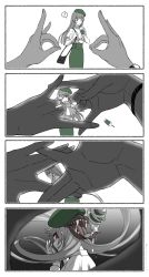 Rule 34 | !, 1girl, 4koma, absurdres, beret, capelet, comic, covering face, cream, cup, disposable cup, double fox shadow puppet, drinking, drinking straw, drinking straw in mouth, dripping, extra mouth, fangs, finger frame, fox shadow puppet, green headwear, green skirt, grey hair, grin, hand over eye, hands on own face, hands up, hat, highres, holding, holding cup, long hair, long sleeves, looking at viewer, one eye covered, original, out of frame, partially colored, pencil skirt, pov, pov hands, prehensile hair, red eyes, sarara (yoasobi), sharp teeth, shirt, sideways glance, skirt, smile, spoken exclamation mark, teeth, tongue, tongue out, tossing, transformation, v, very long hair, white capelet, white shirt, yellow eyes