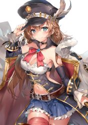 Rule 34 | 1girl, armpits, belt, blue eyes, blush, braid, breasts, brown hair, cleavage, closed eyes, closed mouth, clothing cutout, cowboy shot, detached collar, detached sleeves, frills, gold trim, granblue fantasy, hat, hat feather, jewelry, lecia (granblue fantasy), long hair, looking at viewer, medium breasts, miniskirt, momoko (momopoco), navel, navel cutout, peaked cap, skirt, solo, standing, thighhighs