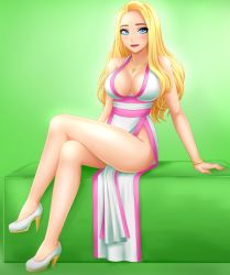 Rule 34 | 1girl, aphrodite (mythology), arm support, artist request, blonde hair, blue eyes, blush, breasts, cleavage, dita (fap ceo), dress, fap ceo, green background, high heels, jewelry, large breasts, long hair, looking at viewer, model, necklace, red lips, shoes, side slit, sitting, sleeveless, sleeveless dress, smile, white dress, white footwear