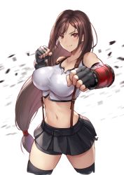 Rule 34 | 1girl, bad id, bad pixiv id, bare shoulders, bike shorts, black skirt, blush, breasts, brown eyes, brown hair, clenched hands, collarbone, cowboy shot, final fantasy, final fantasy vii, final fantasy vii remake, fingerless gloves, gloves, large breasts, crossed legs, long hair, low-tied long hair, maekawa yuichi, navel, pleated skirt, shorts, shorts under skirt, simple background, skirt, smile, solo, stomach, suspender skirt, suspenders, tank top, thighhighs, tifa lockhart, undershirt, white background