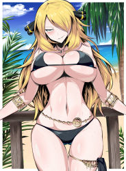 Rule 34 | 1girl, beach, belly chain, bikini, black bikini, black eyes, blonde hair, blue sky, blush, bracelet, breasts, cleavage, cloud, creatures (company), cynthia (pokemon), day, duplicate, game freak, gold bracelet, hair over one eye, highres, jewelry, large breasts, long hair, looking at viewer, naughty face, necklace, nintendo, palm tree, pokemon, pokemon dppt, railing, shimure (460), sky, smile, solo, summer, swimsuit, thighlet, tree