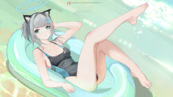 Rule 34 | 1girl, animal ears, areola slip, barefoot, black one-piece swimsuit, blue archive, blue eyes, breasts, bright pupils, cat ears, cat girl, competition swimsuit, da (datako), grey hair, halo, highres, innertube, looking at viewer, mismatched pupils, one-piece swimsuit, paid reward available, shiroko (blue archive), small breasts, solo, swim ring, swimsuit, toes, water, white pupils
