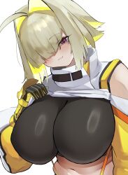 Rule 34 | :d, ahoge, black gloves, black sports bra, blonde hair, blush, breasts, clothes lift, clothing cutout, crop top, crop top overhang, cropped sweater, elegg (nikke), gloves, goddess of victory: nikke, hair intakes, hair over eyes, highres, huge breasts, long bangs, long sleeves, multicolored clothes, multicolored gloves, multicolored hair, navel, open mouth, plump, purple eyes, short hair, shoulder cutout, smile, sports bra, suspenders, thigh strap, thighs, two-tone hair, unknownnoname0, yellow gloves