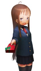 Rule 34 | 1boy, ahoge, black thighhighs, blush, box, brown hair, child, crossdressing, fang, gift, gift box, hasukawa isaburou, highres, holding, holding gift, looking at viewer, male focus, original, pleated skirt, pov, purple eyes, school uniform, simple background, skirt, solo, thighhighs, trap, valentine, white background