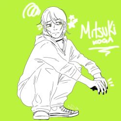 Rule 34 | 1girl, bad source, baggy pants, black choker, black nails, character age, choker, commentary request, full body, furrowed brow, green background, greyscale with colored background, hood, hoodie, jewelry, kininatteru hito ga otoko ja nakatta, koga mitsuki, lineart, looking to the side, medium hair, mole, mole under eye, nail polish, necklace, pants, shoes, signature, sneakers, solo, spanish commentary, squatting, star (symbol), star j0ss, sweat