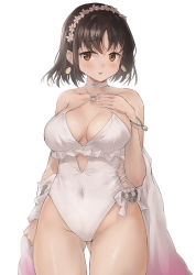 Rule 34 | 1girl, bare arms, bare legs, bare shoulders, black hair, blush, breasts, brown eyes, collarbone, cosplay, cover, cover page, cowboy shot, earrings, flower, gluteal fold, groin, haguro (kancolle), highres, jewelry, kantai collection, large breasts, one-piece swimsuit, parted lips, sagiri (kancolle), sagiri (kancolle) (cosplay), short hair, simple background, solo, swimsuit, toka (marchlizard), white background, white flower, white one-piece swimsuit