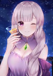 Rule 34 | 1girl, absurdres, alternate hairstyle, bare shoulders, blush, breasts, cleavage, collarbone, commentary request, cup, detached collar, dress, emilia (re:zero), flower, gem, hair flower, hair ornament, heart, heart in eye, highres, holding, holding cup, large breasts, long hair, looking at viewer, nerua, one eye closed, pink dress, pointy ears, purple eyes, re:zero kara hajimeru isekai seikatsu, silver hair, sleeveless, sleeveless dress, smile, snowflakes, solo, symbol in eye