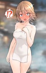 Rule 34 | !?, 1girl, blurry, blurry background, blush, breasts, brown hair, collarbone, covered navel, covering privates, flipped hair, full-face blush, furaggu (frag 0416), grey hair, hiei (kancolle), highres, kantai collection, large breasts, naked towel, nude cover, onsen, short hair, solo, speech bubble, spoken interrobang, standing, surprised, towel, white towel
